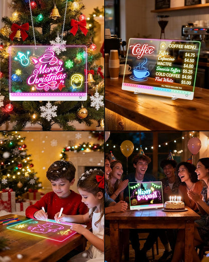Rechargeable LED Drawing Board for Kids, 17-Inch Glow Doodle Drawing Pad with 7 Colors & 4 Light Modes, Neon Light Up Acrylic Dry Erase Note Board with Stand, Hanging Chain, 12 Markers, 2 Pack