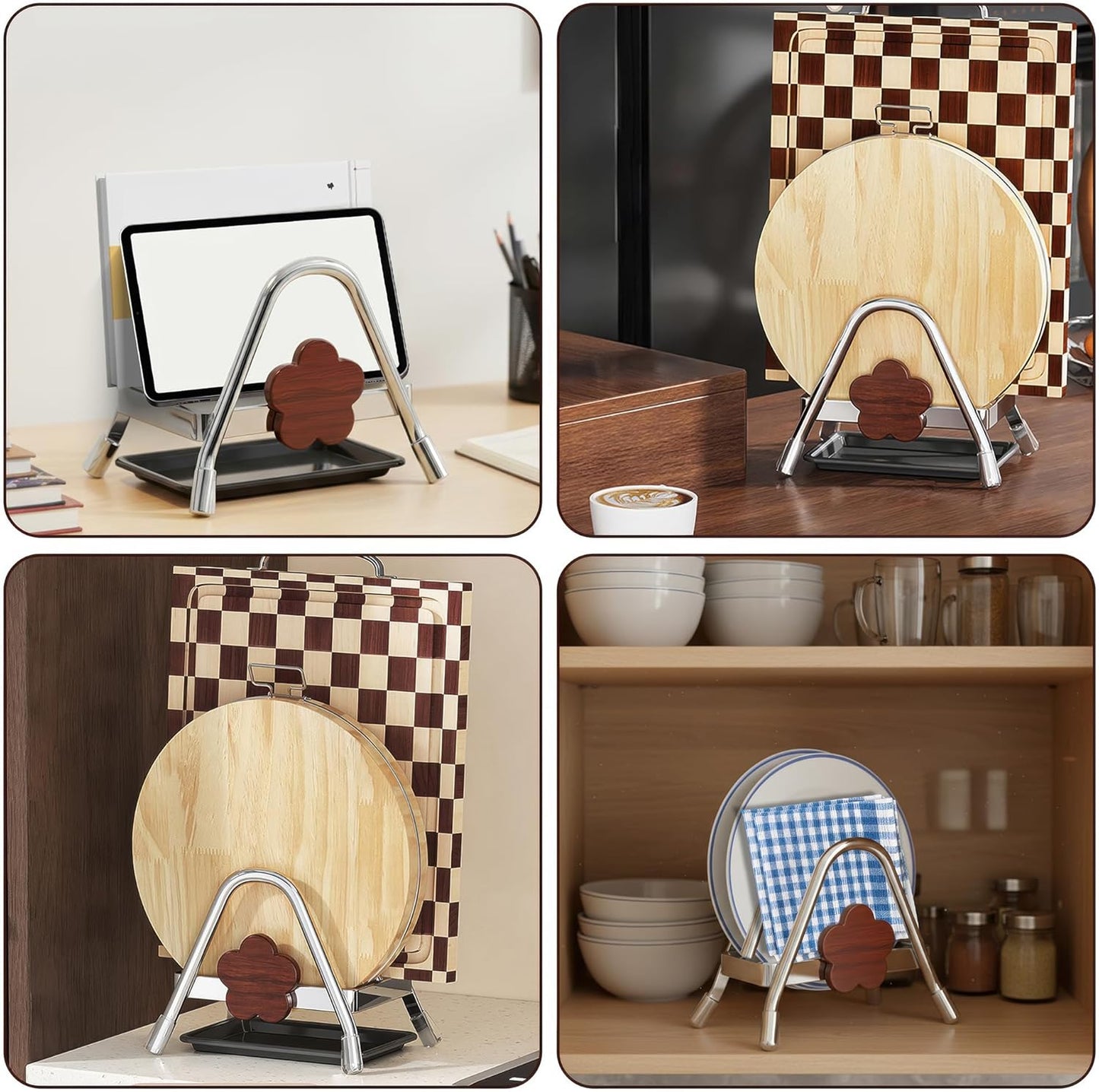 Cutting Board Rack - Stainless Steel Chopping Board Pot Lid Holder Stand with Flower Decor, Stable Triangle for Kitchen Countertop Pots Pan Plate Cutting Boards Cooking Mats Cookware