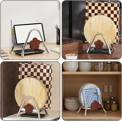 Cutting Board Rack - Stainless Steel Chopping Board Pot Lid Holder Stand with Flower Decor, Stable Triangle for Kitchen Countertop Pots Pan Plate Cutting Boards Cooking Mats Cookware