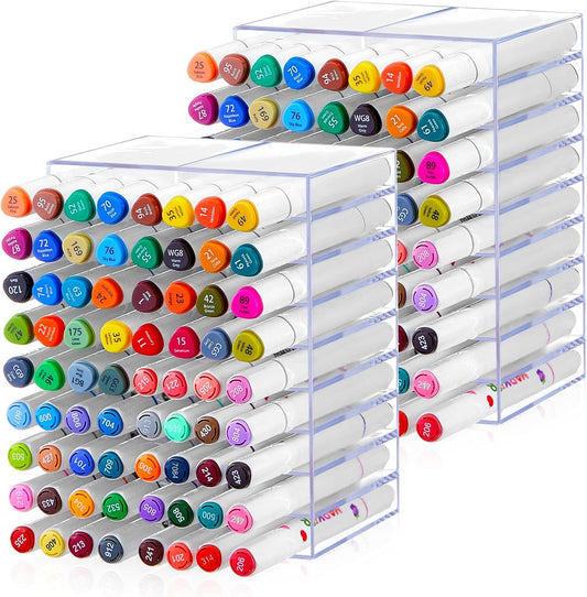 MotiMind 2 Pcs Acrylic Marker Organizer Desktop Storage Hold 144 Marker, Clear Pencil Holder Stand Art Brushes Stationary Display with 18 Compartments for School Classroom Desk Home Office Supplies