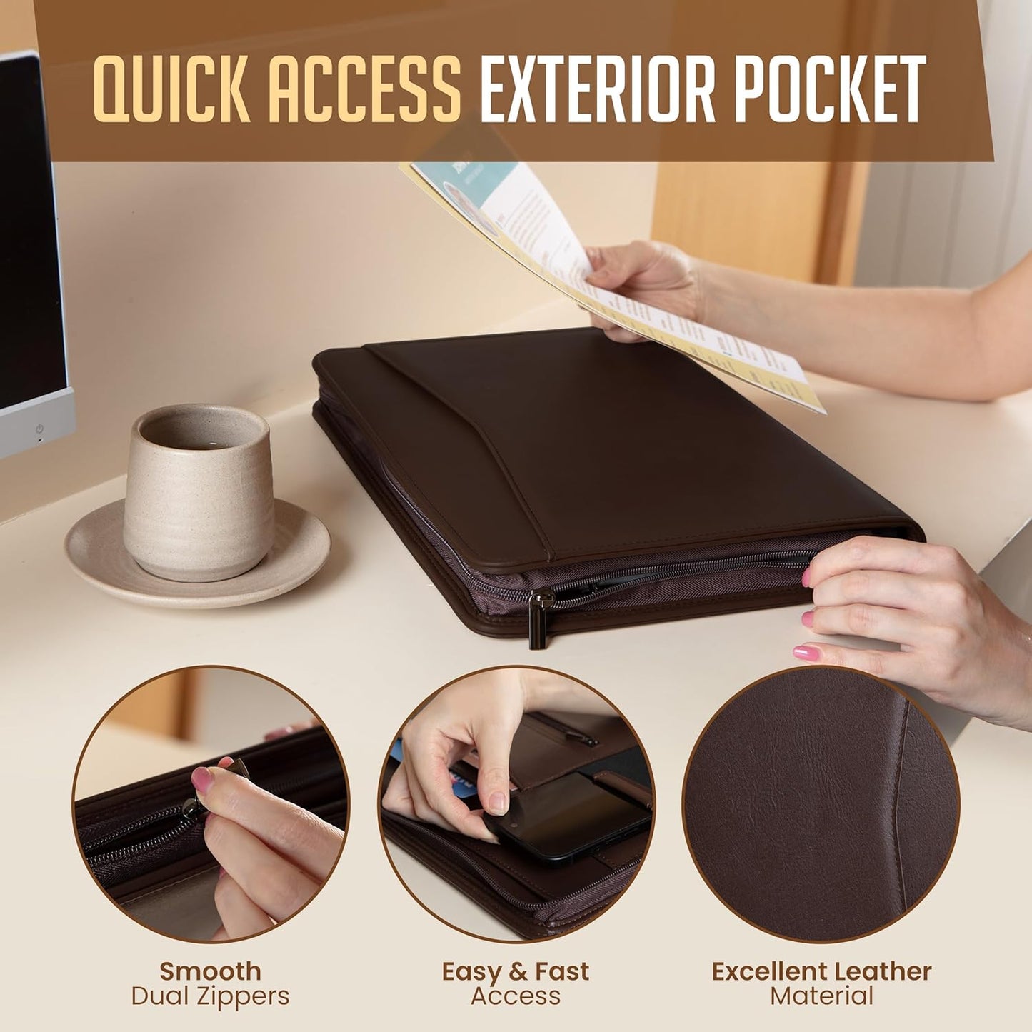 STYLIO Zipper Padfolio Portfolio Binder Organizer | Faux Leather Portfolio for Resume, Documents, Phone, Tablet, Business Supplies and Cards | Notebook Organizer with Letter Sized Notepad Included