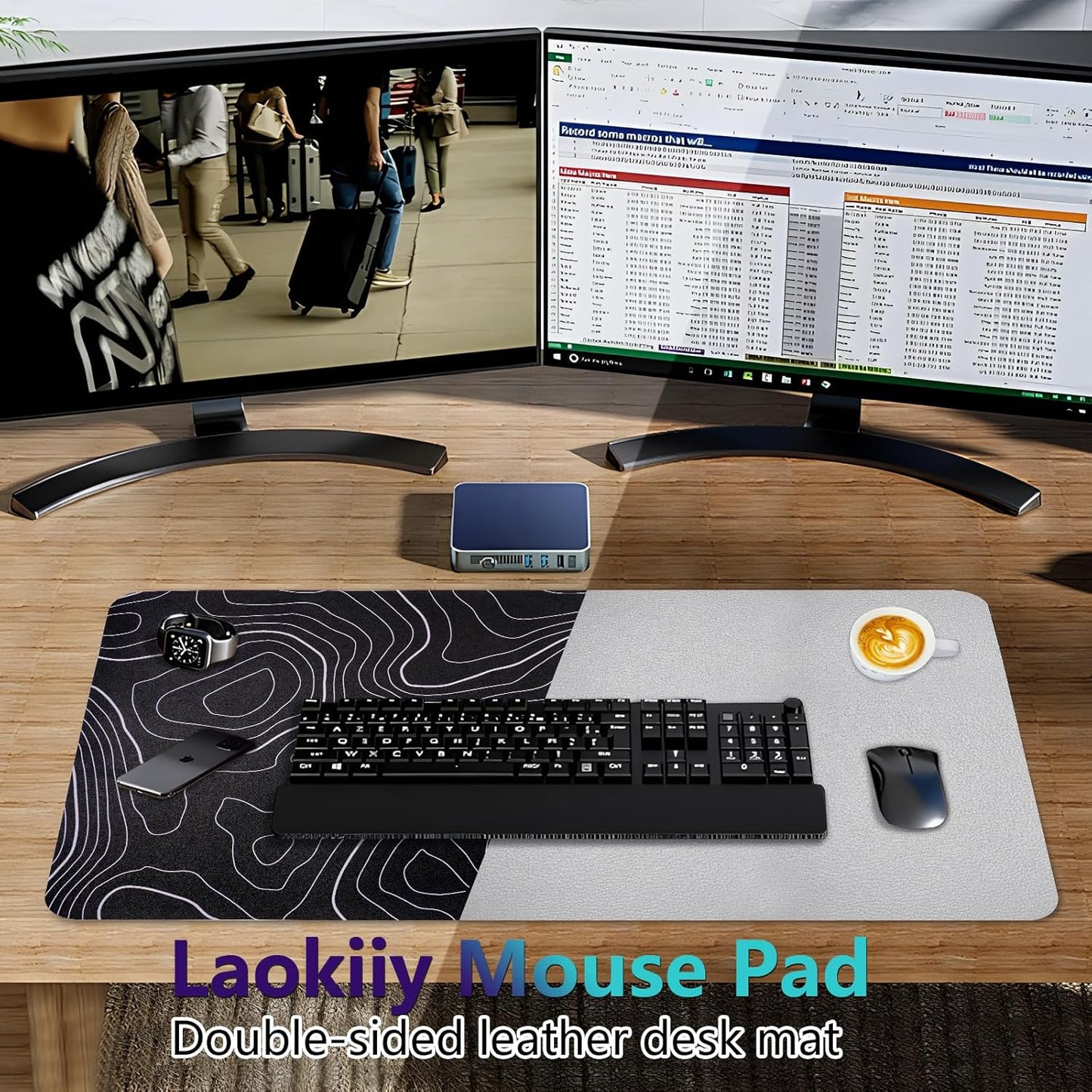 Dual-Sided Desk Pad, Large Mouse Pad - Natural Cork & PU Leather Non-Slip Waterproof Desk Mats for Office and Home (Blue, 31.5" x 15.7")