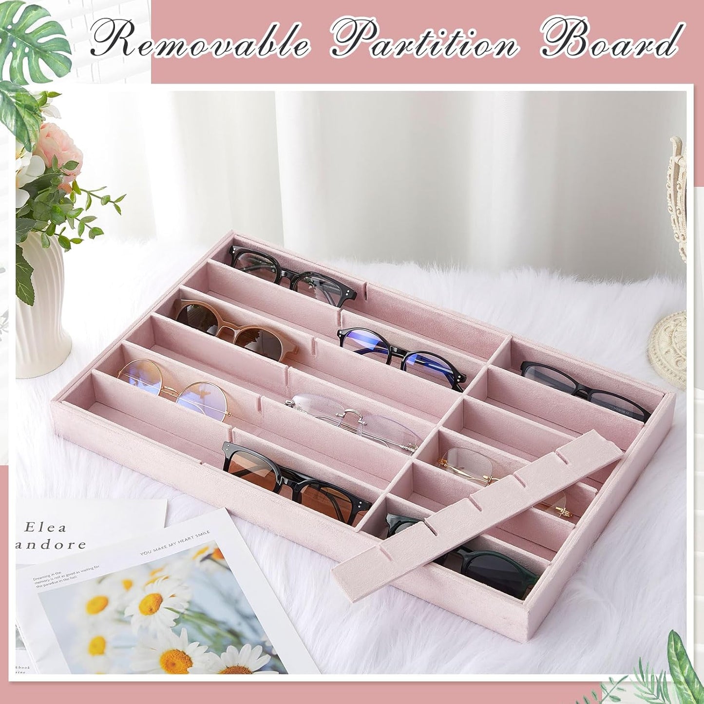 Amylove 2 Pcs Sunglass Organizer Trays Glasses Stackable Jewelry Trays Sunglass Organizer Display Box(8 Grids,Beige)