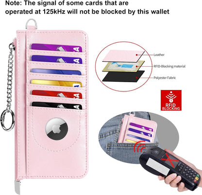 RFID Blocking Slim Credit Card Holder Wallet with Zipper Money Pocket & Keychain, Slim Airtag Wallet for Men Women