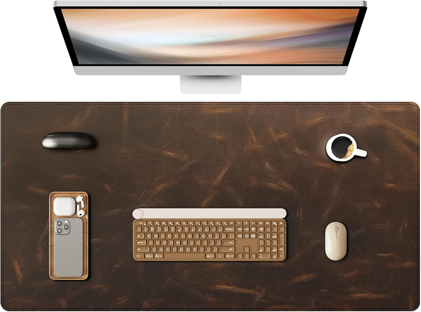 YSAGi Leather Desk Mat, 35.4"x17"Real Leather Desk Pad,2mm Thick Desk Blotter with Stiched line,Oil-Wax Feel Mouse pad and Self-Healing Laptop Pad for Home & Office(Classic Dark Brown)