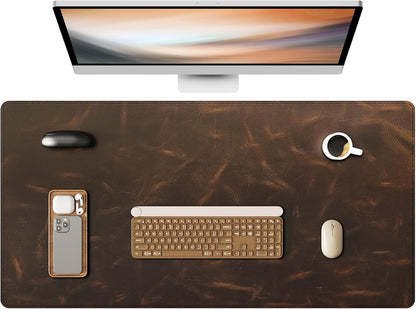 YSAGi Leather Desk Mat, 35.4"x17"Real Leather Desk Pad,2mm Thick Desk Blotter with Stiched line,Oil-Wax Feel Mouse pad and Self-Healing Laptop Pad for Home & Office(Classic Dark Brown)
