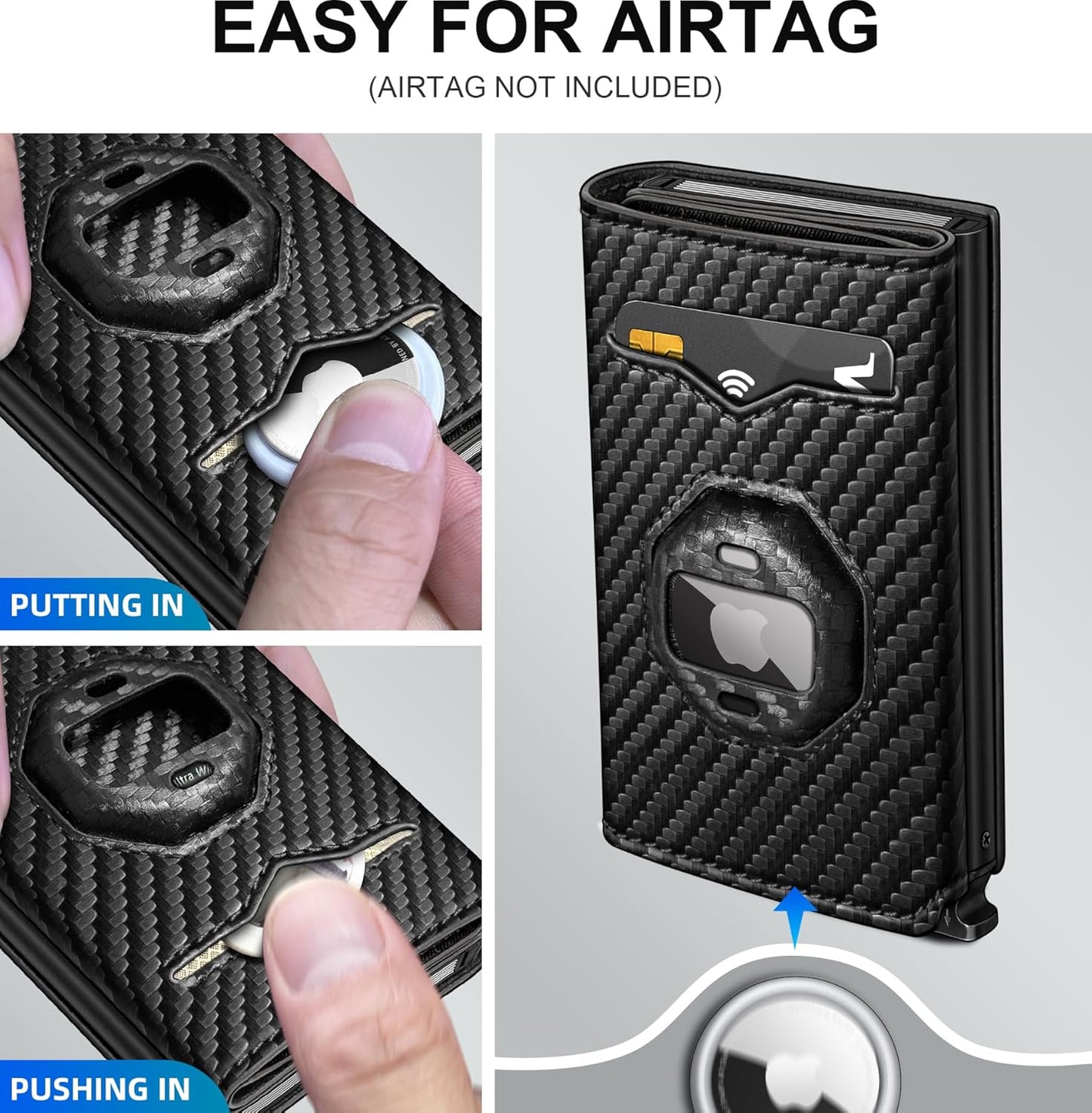 Airtag Wallet for Men,with Cash Pocket 2 ID Window 10+ Cards,Metal Case Smart Slim Pop Up Credit Card Holder Flip with Magnetic Closure RFID Blocking Trifold Leather wallet with Gift Box