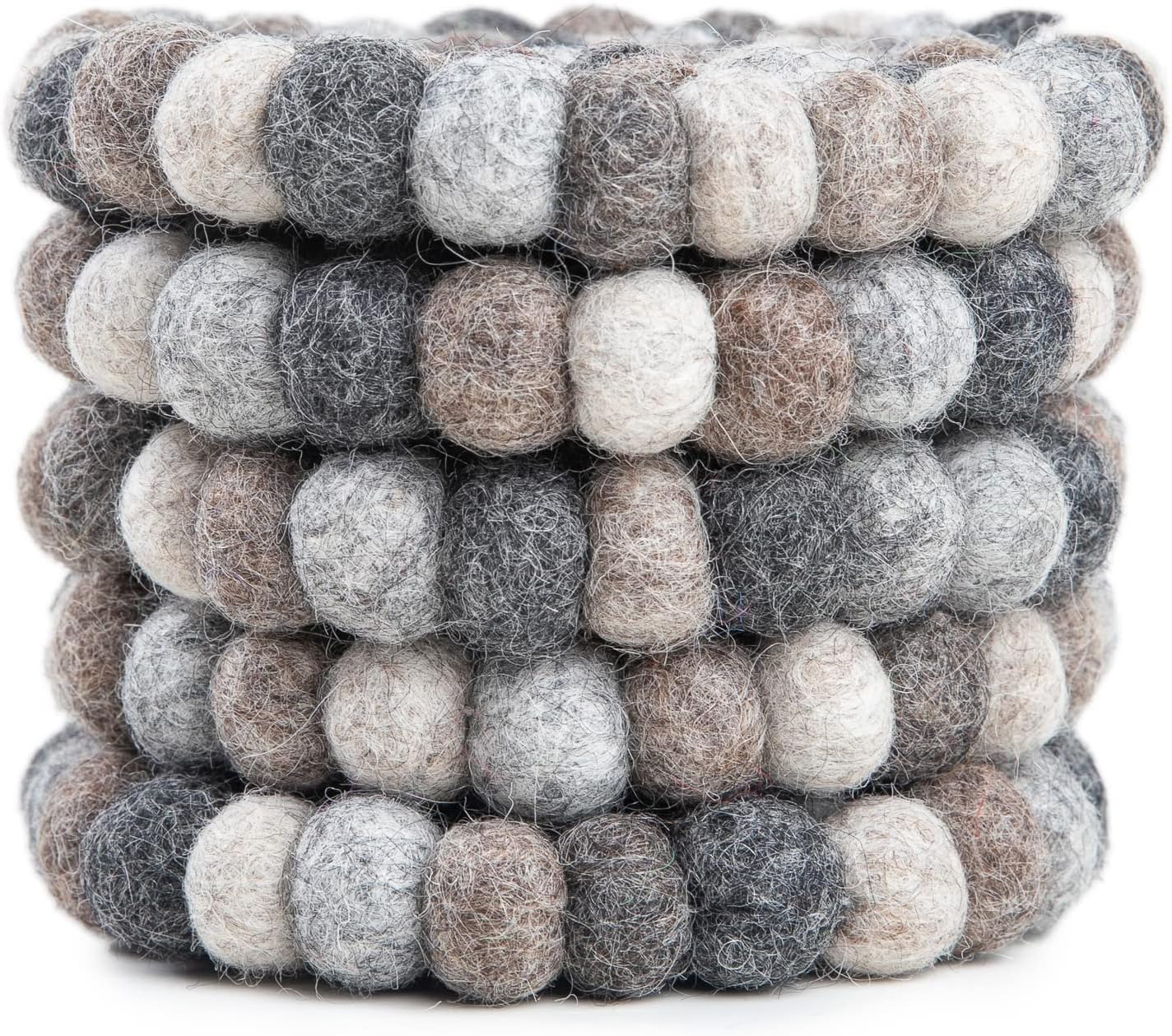Round Felt Ball Coasters - 100% Merino Wool Table Coasters - Felt Coaster Pads, Absorbent Trivet for Drinks - Heat Resistant, Thick & Durable Hand Felted - Woolygon - Multicolor Set of 5 (Rainbow)
