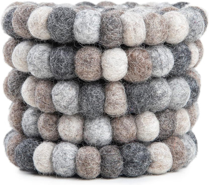 Round Felt Ball Coasters - 100% Merino Wool Table Coasters - Felt Coaster Pads, Absorbent Trivet for Drinks - Heat Resistant, Thick & Durable Hand Felted - Woolygon - Multicolor Set of 5 (Rainbow)