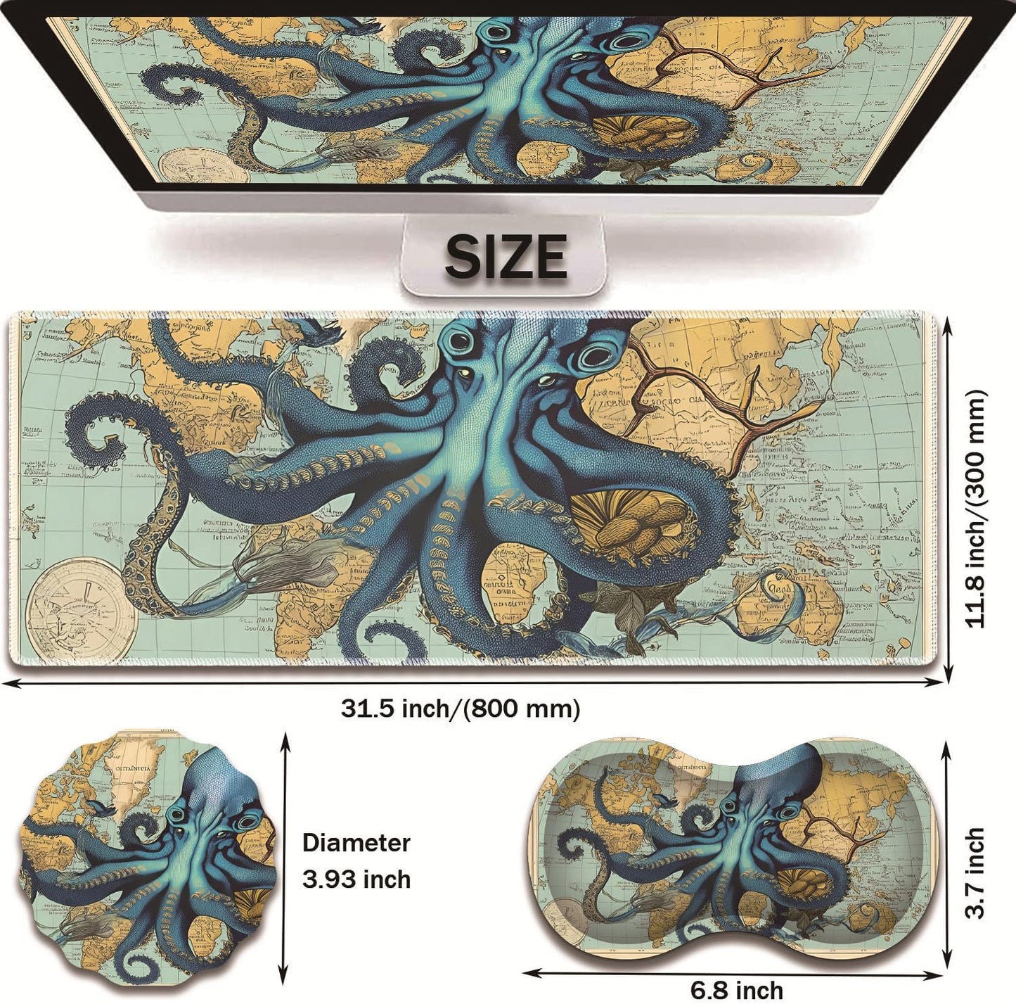 Mouse Wrist Rest and Keyboard Wrist Rest Pad Set, Non-Slip Rubber Base Smooth Surface Ergonomic Gaming Mouse Pad for Easy Typing and Pain Relief, Antique Blue Wood Grain Dog Paw + Coaster