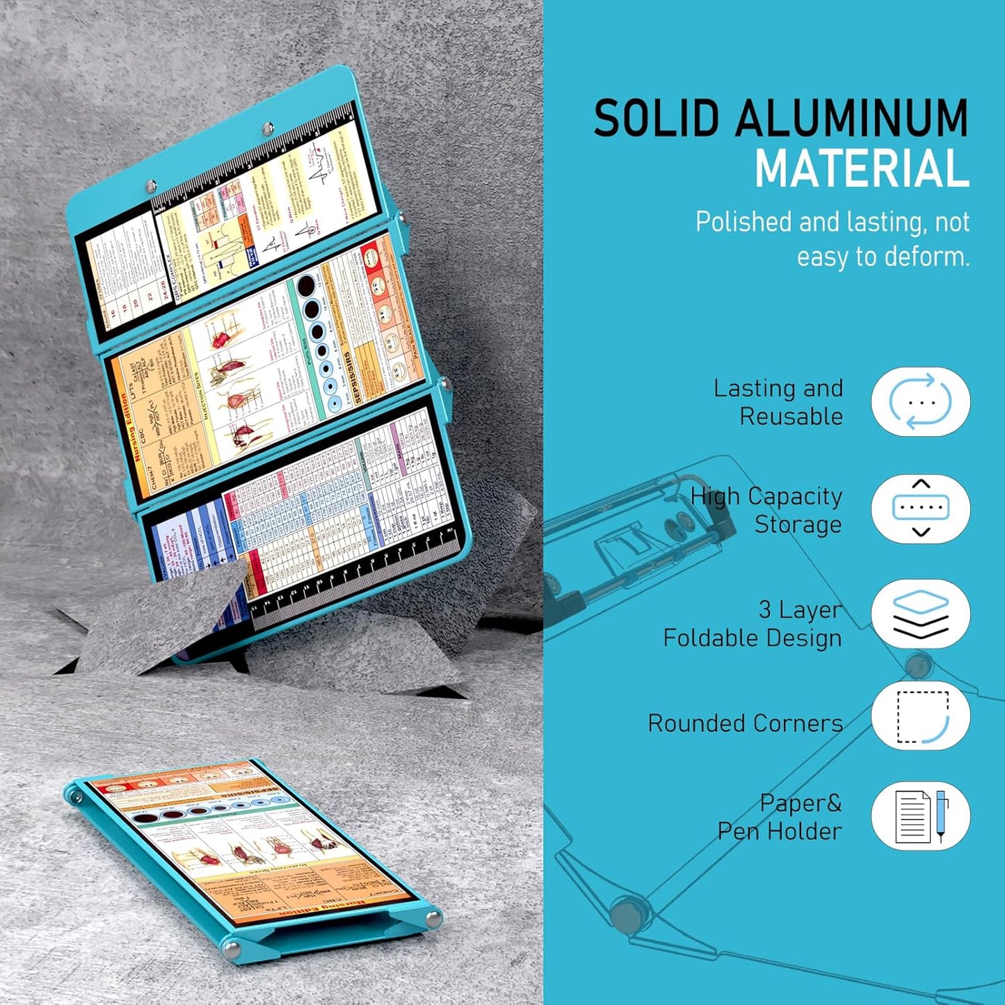 Nursing Clipboard Foldable, Foldable Clipboard w/Nursing Edition Cheat Charts,3 Layers Aluminum, Nurse Clip Board w/Low Profile Clip&Pen Clip Pocket for Nurses and Doctors,Light Blue