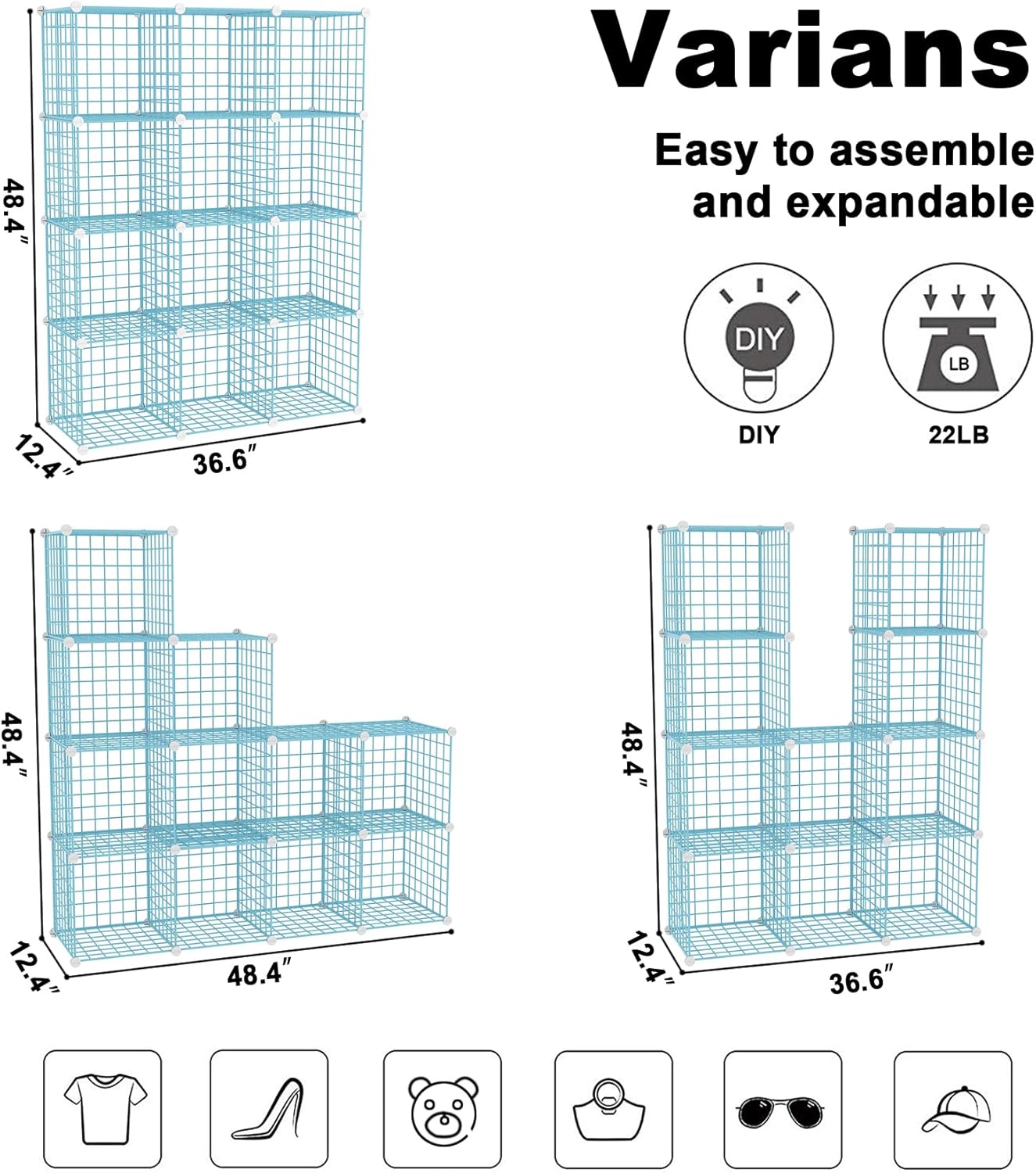 C&AHOME Wire Cube Storage, 12-Cube Storage Organizer Metal, C Grids Storage Bins Shelving, Modular Bookshelf Shelf, Closet Cabinet Ideal for Bedroom, Office 36.6”L x 12.4”W 48.4”H Black