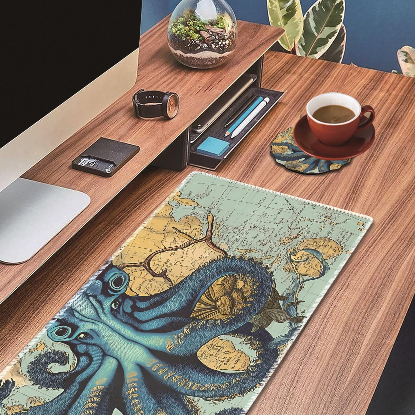 Mouse Wrist Rest and Keyboard Wrist Rest Pad Set, Non-Slip Rubber Base Smooth Surface Ergonomic Gaming Mouse Pad for Easy Typing and Pain Relief, Antique Blue Wood Grain Dog Paw + Coaster