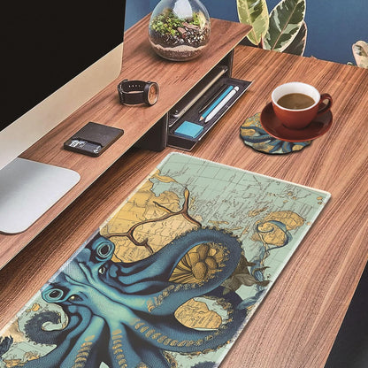 Mouse Wrist Rest and Keyboard Wrist Rest Pad Set, Non-Slip Rubber Base Smooth Surface Ergonomic Gaming Mouse Pad for Easy Typing and Pain Relief, Antique Blue Wood Grain Dog Paw + Coaster
