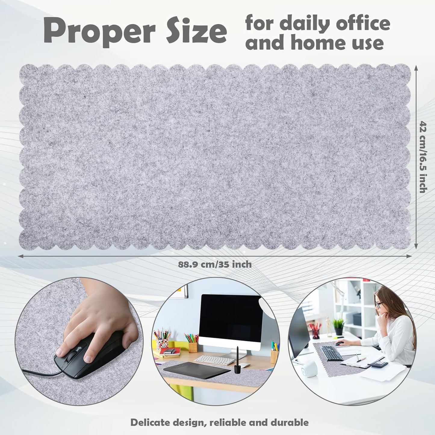 Copkim 35 x 16.5 Inch Felt Desk Mat with Scalloped Edges, Large Felt Mouse Pad Non Slip Scalloped Computer Laptop Desktop Pad for Keyboard and Mouse Home Office(Gray)