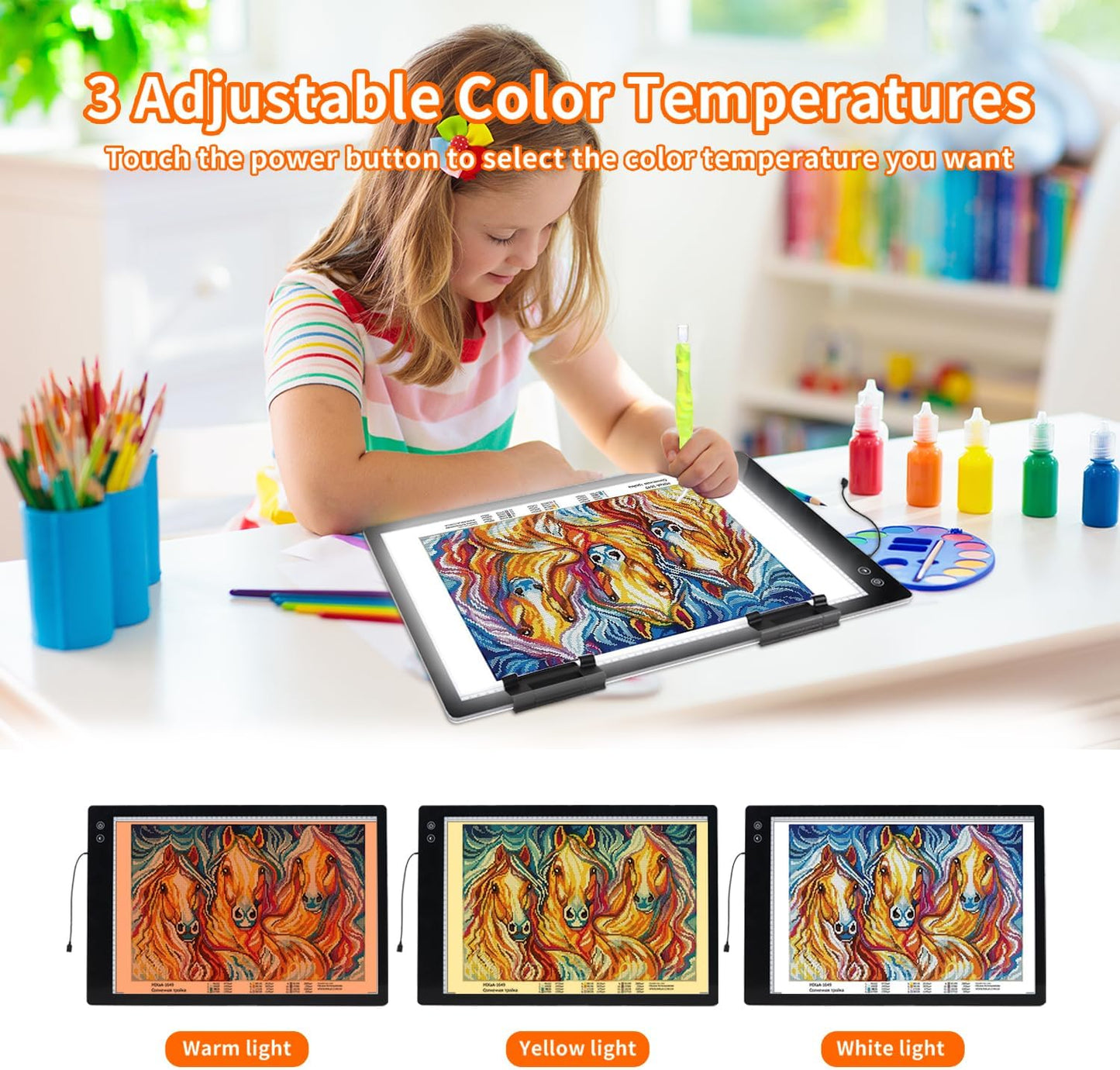 Rechargeable A2 Light Pad for Diamond Painting, 3 Colors High Bright Tracing Light Box with 6 Levels/Stepless Dimming, Fast Charging Adapter & 5555Lux, Large Drawing Light Board for Sketching