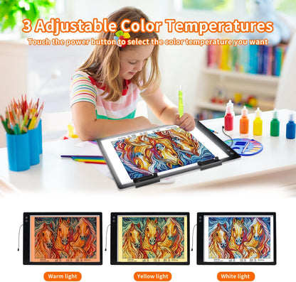 Rechargeable A2 Light Pad for Diamond Painting, 3 Colors High Bright Tracing Light Box with 6 Levels/Stepless Dimming, Fast Charging Adapter & 5555Lux, Large Drawing Light Board for Sketching