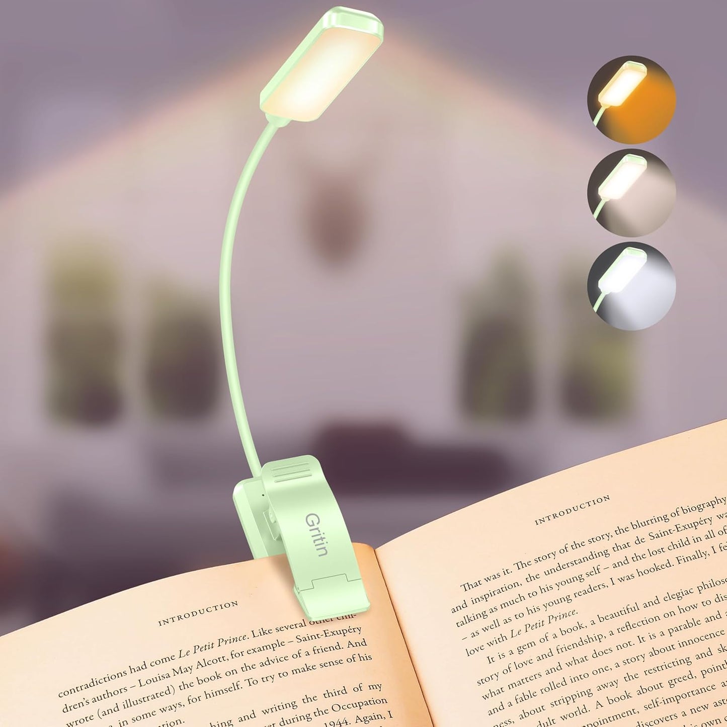 Gritin 9 LED Rechargeable Book Light for Reading in Bed - Eye Caring 3 Color Temperatures,Stepless Dimming Brightness,80 Hrs Runtime Small Lightweight Clip On Book Reading Light for Studying
