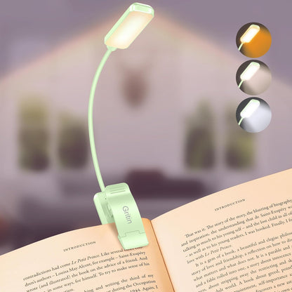 Gritin 9 LED Rechargeable Book Light for Reading in Bed - Eye Caring 3 Color Temperatures,Stepless Dimming Brightness,80 Hrs Runtime Small Lightweight Clip On Book Reading Light for Studying