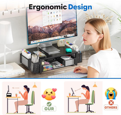 Simple Trending Desk Organizer and Accessories, 2 Tier Computer Metal Monitor Stand Riser with Drawer and Pen Holder for Laptop, Computer, iMac, Black