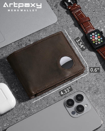 Mens Wallet With AirTag Holder, Bifold Leather RFID Blocking 1-2 ID Windows 12-13 Card Holders, Gift Box and Screen Protector Included, AirTag Not Included