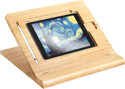 ELETIUO Tablet Stand Holder Adjustable Foldable,Multi-Angle Bamboo Wooden Organizer Desktop Holder for iPad,Stable for Drawing,Watching,Typing (Support Multiple Devices)