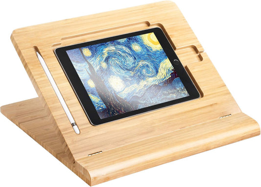 ELETIUO Tablet Stand Holder Adjustable Foldable,Multi-Angle Bamboo Wooden Organizer Desktop Holder for iPad,Stable for Drawing,Watching,Typing (Support Multiple Devices)