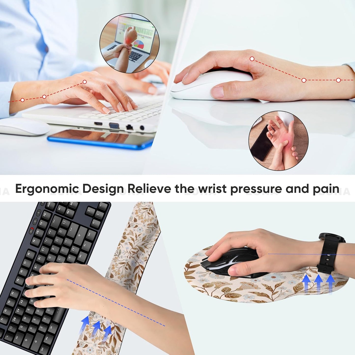 RICHEN Keyboard Wrist Rest and Mouse Pad with Wrist Support, Memory Foam Set for Gaming and Office, Comfortable & Lightweight for Easy Typing & Pain Relief (White Butterflies)