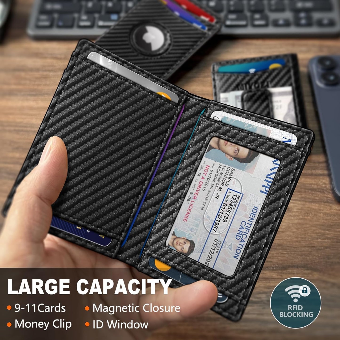 miyozi Airtag Wallet for Men- with Money Clip Gift Boxed, Magnetic Closure Slim Genuine Leather Front Pocket Wallet, 4.1"x 2.8", RFID Blocking