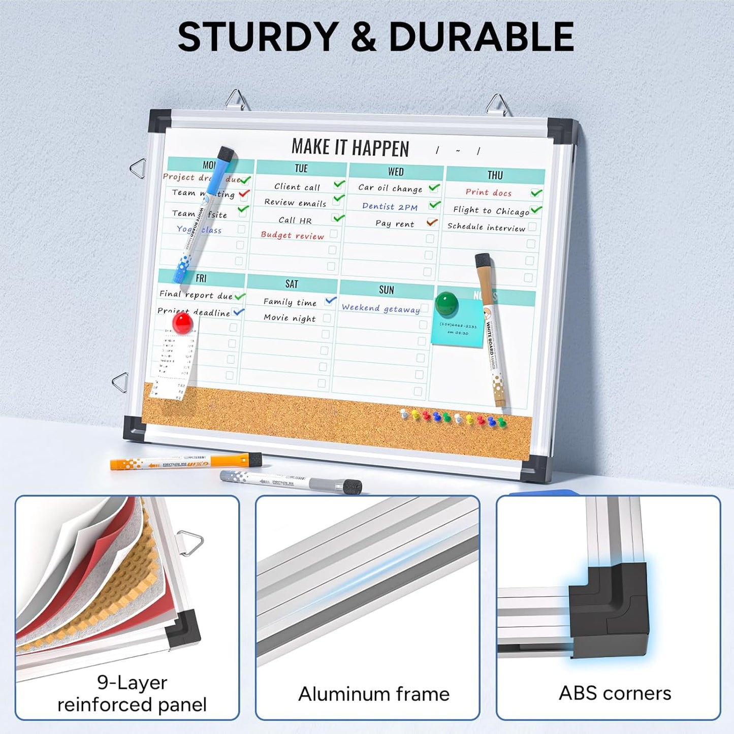 Marsrock Weekly Dry Erase Board and Cork Board Combo for Wall, 17"x13" Reversible Hanging Dry Erase Board, Double Sided White Board with Aluminum Frame for Planning, Office, Kitchen, School, Home