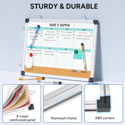 Marsrock Weekly Dry Erase Board and Cork Board Combo for Wall, 17"x13" Reversible Hanging Dry Erase Board, Double Sided White Board with Aluminum Frame for Planning, Office, Kitchen, School, Home