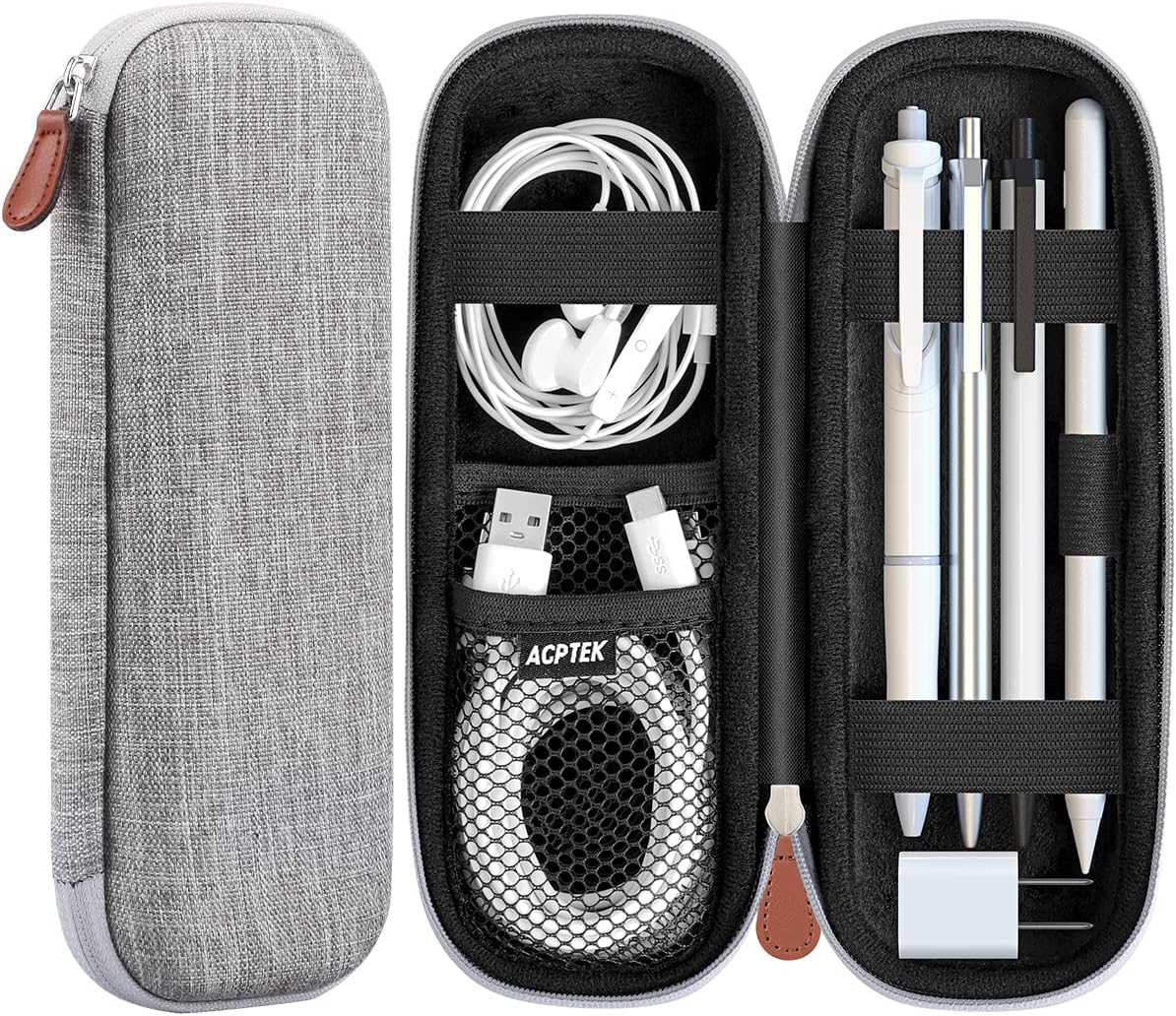 AGPTEK Case Holder for Apple Pencil, Slim PU Leather Carrying Case Pouch Cover Compatible with Apple Pen Accessories, USB Cable, Earphone,Samsung Stylus iPad Pro Pen/Pencil, Recording Pen, Gray