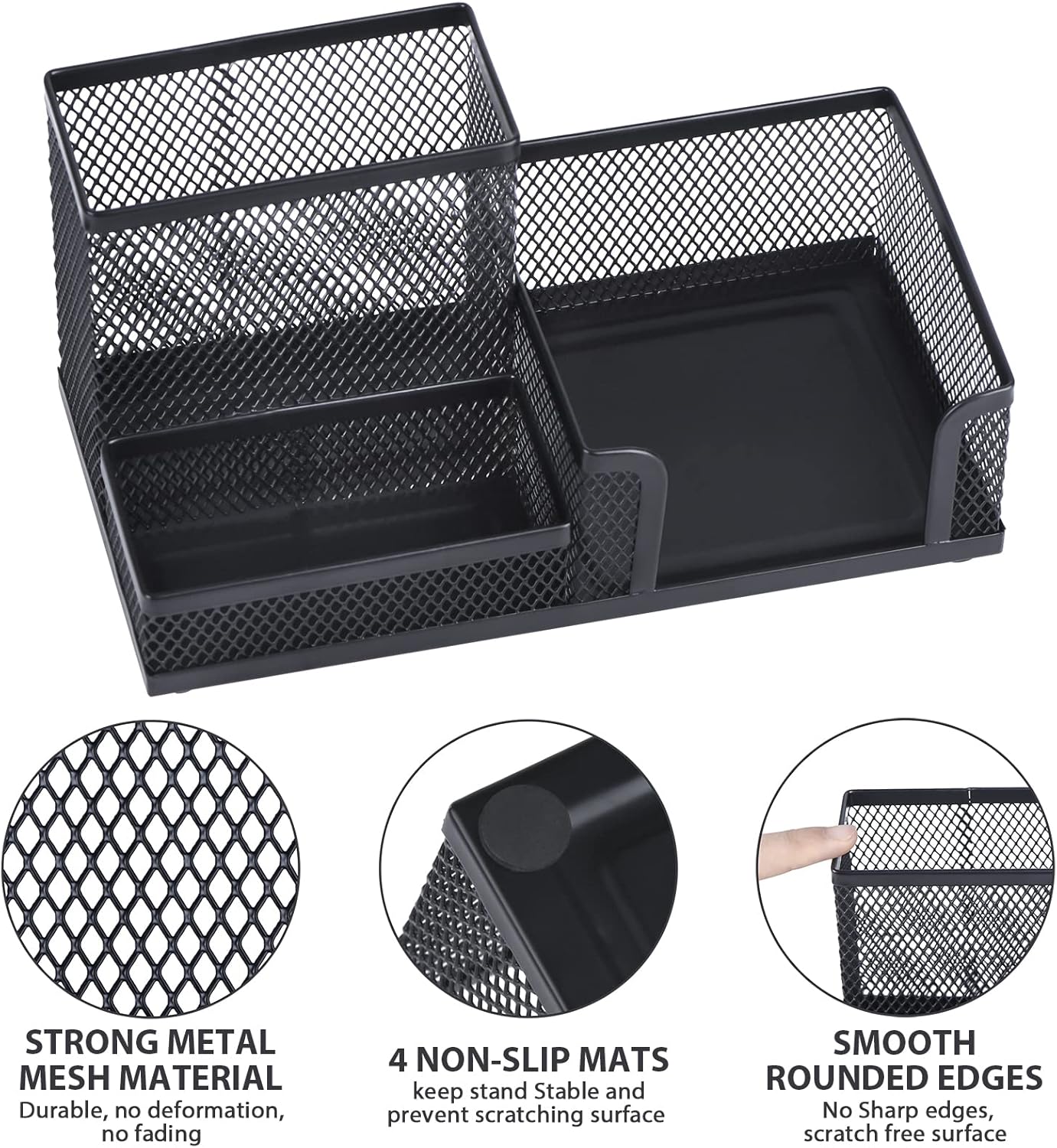 2-Piece Desk Pen & Pencil Organizer - Mesh Metal Pen Cup with Sticky Notes Holder, Black | Pen Cup