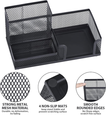 2-Piece Desk Pen & Pencil Organizer - Mesh Metal Pen Cup with Sticky Notes Holder, Black | Pen Cup