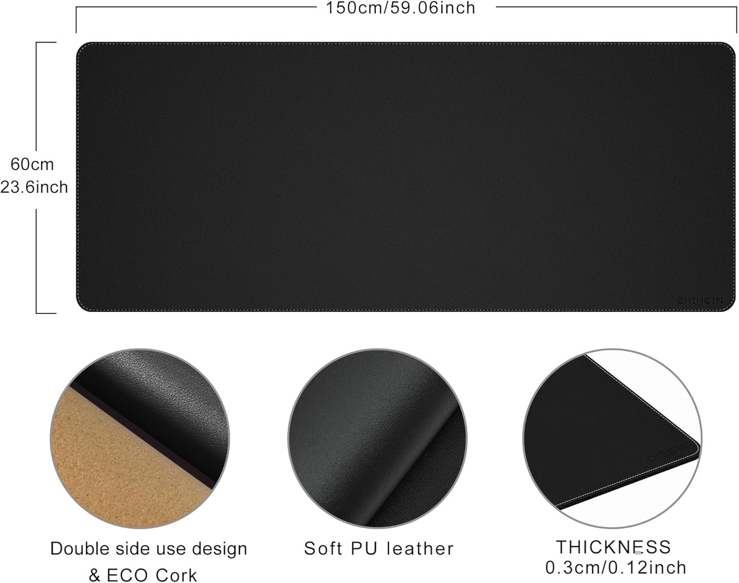 Chihein 2XL 35" x 16" Cork & PU Leather Desk Mat, Dual Sided Desk Pad Protector, Waterproof Writing Blotter for Gaming, Office, Home (Black)