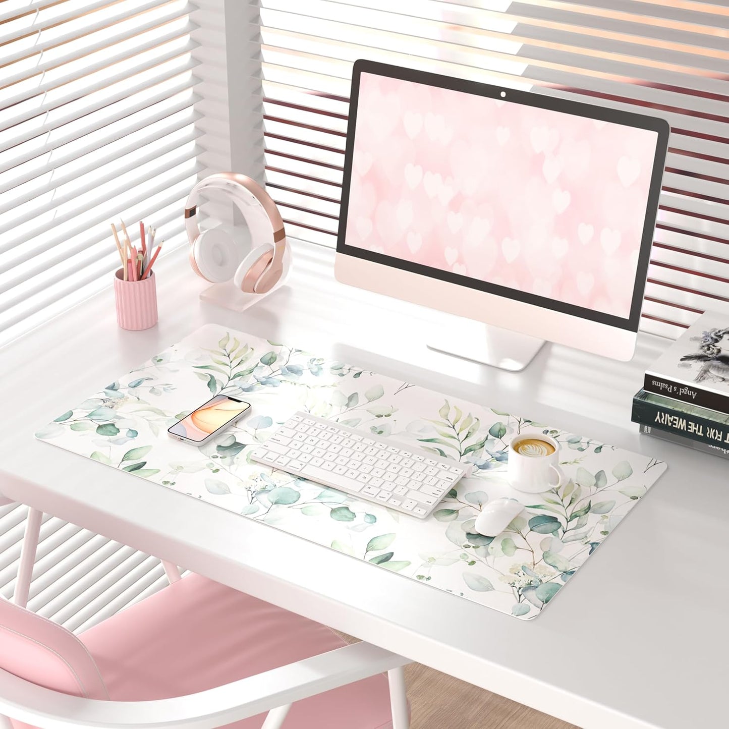 QIYI Large Mouse Pad, Cute Pink Desk Mat for Desktop, Women Girls PU Leather Desk Pad Waterproof Gaming Mousepad, Rose Gold Marble Computer Protector Writing Pad for School Office Home 31.5" x 15.7"
