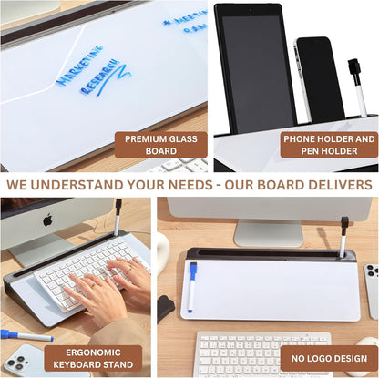 GAROOD Desktop Whiteboard with Storage Desk White Board Desk Board Glass White Board with Stand Home Office Organizer Phone Holder 15.8X7X2 inches