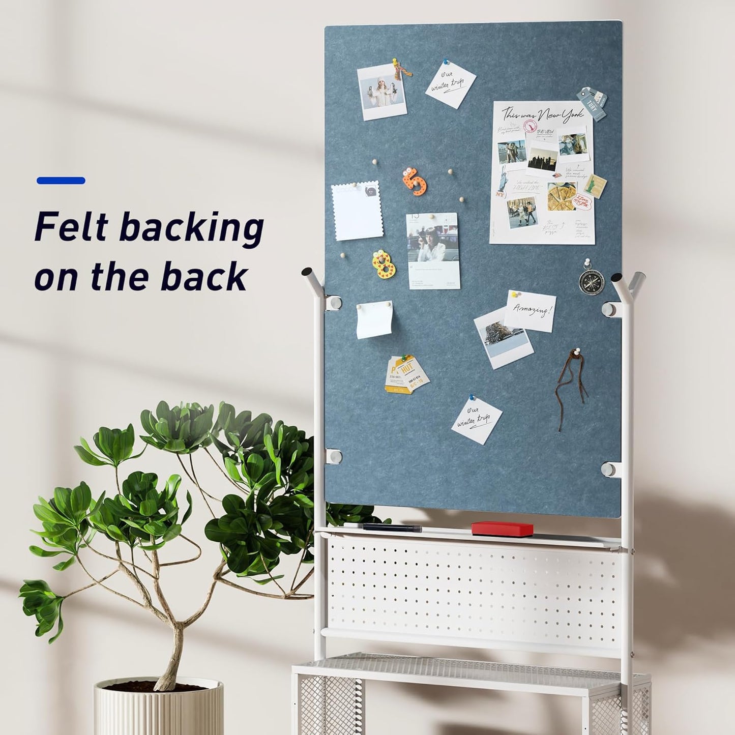 40 x 28 inch Mobile Magnetic Glass Whiteboard, Double-Sided Board with Felt Back and Storage for Office & Classroom, White