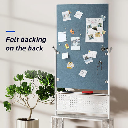 40 x 28 inch Mobile Magnetic Glass Whiteboard, Double-Sided Board with Felt Back and Storage for Office & Classroom, White