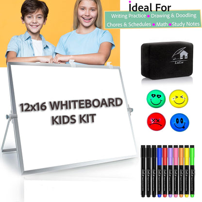Dry Erase White Board for Desktop & Wall 12"x16" with 2 Magnetic Removable Planners - Weekly & Monthly to Do List Board with Stand, 6 Markers Eraser & Wall Hangers - Portable Double Sided Magnetic