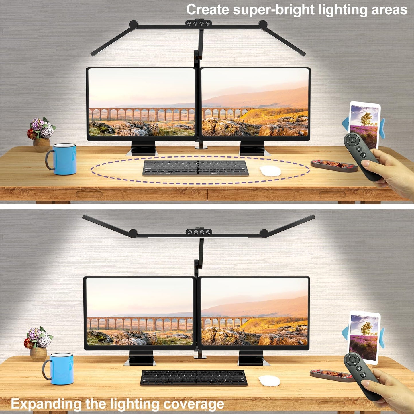 Micomlan Led Desk Lamp with Clamp, Architect Desk Lamp for Home Office with Atmosphere Lighting, 24W Ultra Bright Auto Dimming Computer Light Stepless Dimming and Tempering LED Table Light