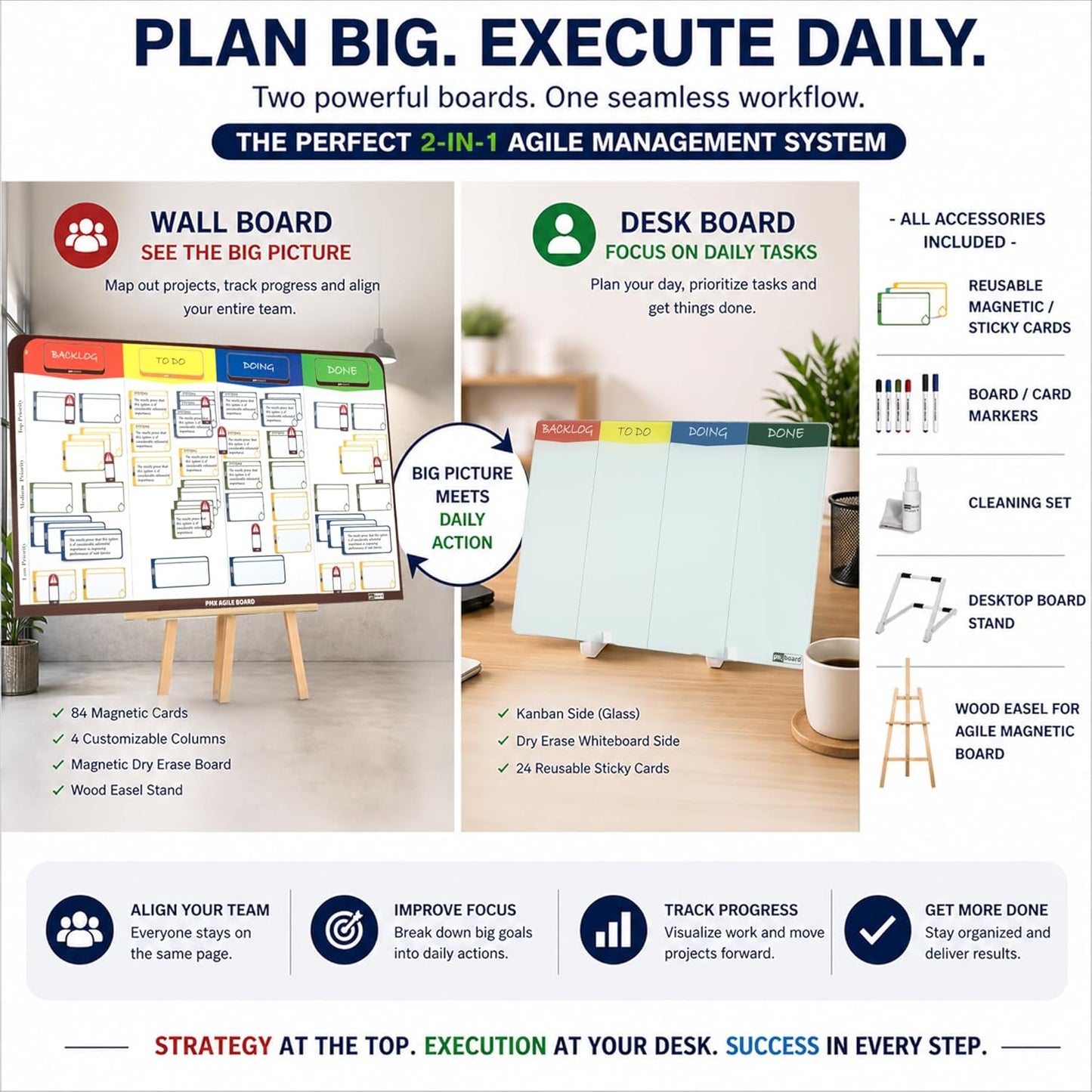 Kanban Board Set – Magnetic Agile Project Management Board with Cards, Desktop Kanban Board with Stand, Scrum Task Board System for Office, Home & Personal Productivity (2-in-1 Kit X)