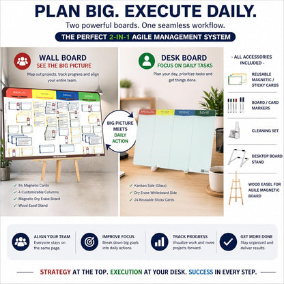 Kanban Board Set – Magnetic Agile Project Management Board with Cards, Desktop Kanban Board with Stand, Scrum Task Board System for Office, Home & Personal Productivity (2-in-1 Kit X)