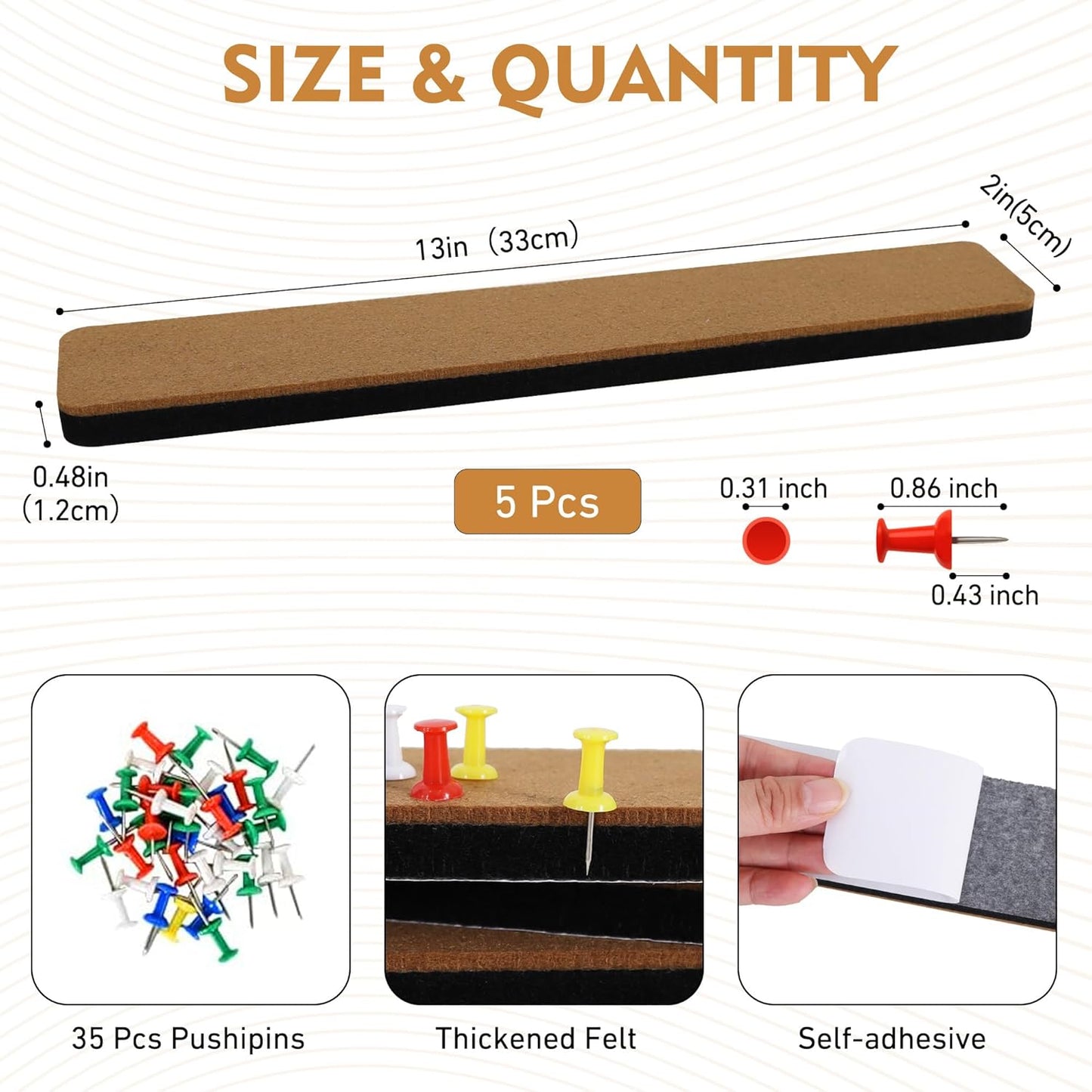 Vuzvuv 8 pcs Bulletin Board Bar Strips with 50 Pushpins & 10 Wooden Clip pins，Self Adhesive Cork Board for Wall，Felt Pin Board for School，Office Decor（Black White Grey）
