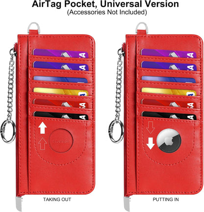RFID Blocking Slim Credit Card Holder Wallet with Zipper Money Pocket & Keychain, Slim Airtag Wallet for Men Women