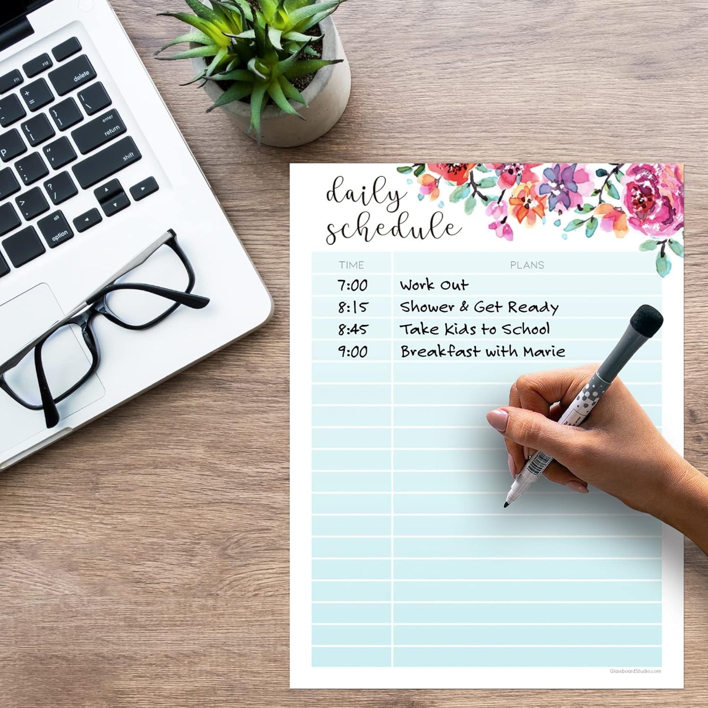 Dry Erase Daily Schedule Planner Sticker Decal by Glassboard Studio | Removable & Reusable | Magnetic Fine-Tip Marker Included (9 x 12 inches, White)