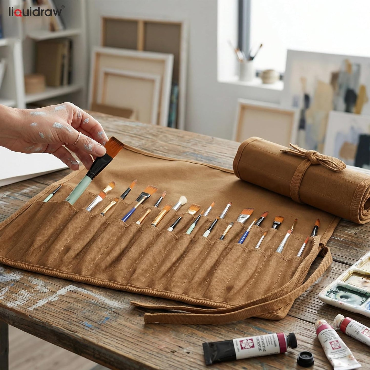 Liquidraw 30 Pocket Canvas Paint Brush Holder - Natural | 21" x 18" | Roll Up Brush Storage Pouch | Ideal Case for Paintbrush & Art Tool Storage | Easy to Carry | Also Great for Storing Makeup Brushes
