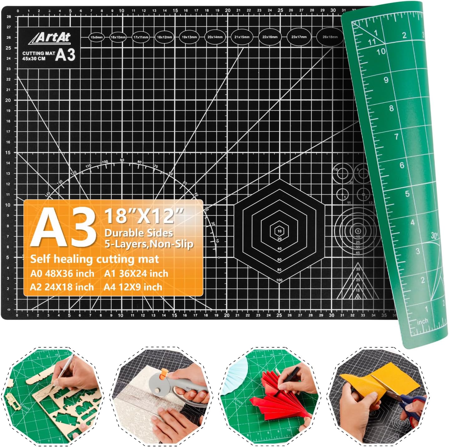 ArtAt Self Healing Cutting Mat: 24 x 36 inch Green Large 5-Ply Double-Sided Durable Non-Slip PVC Cutting Mat for Sewing Quilting Scrapbooking Art & Crafts projects…