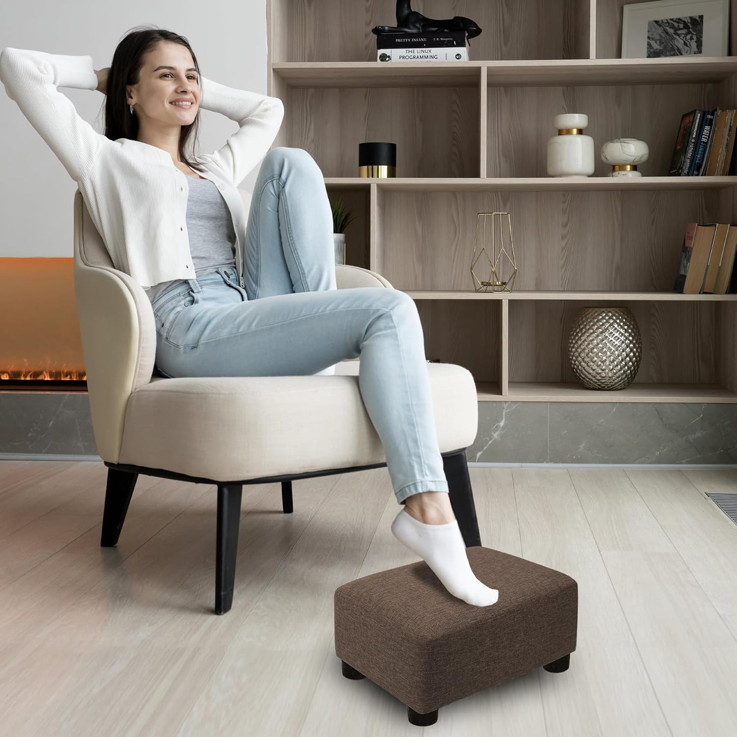 CAROLMADE Small Foot Stool Ottoman Footstool with Legs Under Desk Footrest for Living Room Bedroom and Office, Soft Ivory White