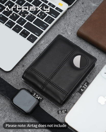 Mens Wallet With AirTag Holder, Bifold Leather RFID Blocking 1-2 ID Windows 12-13 Card Holders, Gift Box and Screen Protector Included, AirTag Not Included